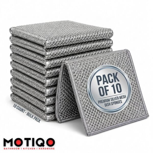 Pack of 10 Motiqo premium silver mesh dish sponges stacked together