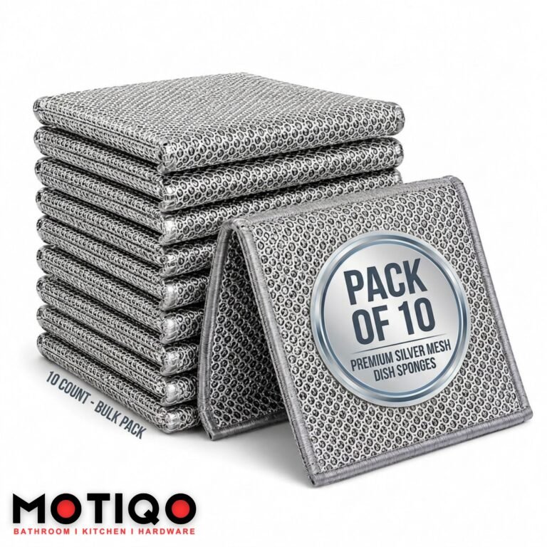 Pack of 10 Motiqo premium silver mesh dish sponges stacked together