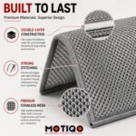 Motiqo scrubber product graphic highlighting double-layer construction, strong stitched edges, and non-scratch stainless mesh