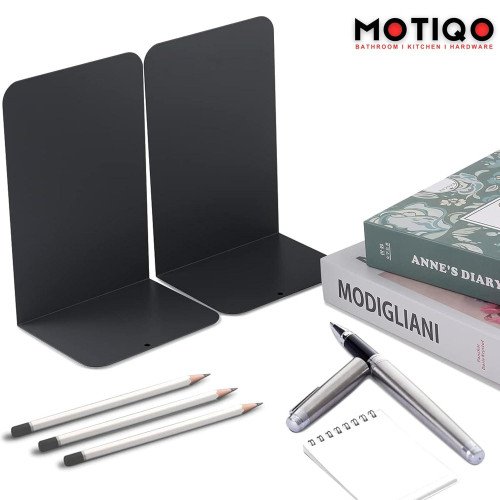 Motiqo Metal Non-Slip Bookend, Book Shelf, Book Stand, Office Book Stopper Desk Organizer, Book Holder, Book Organizer (Black) Set-1
