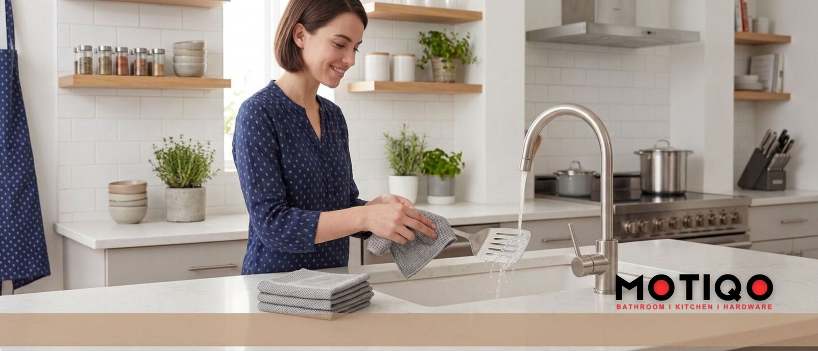 Woman washing a spatula with a grey dish cloth under running water at a kitchen sink