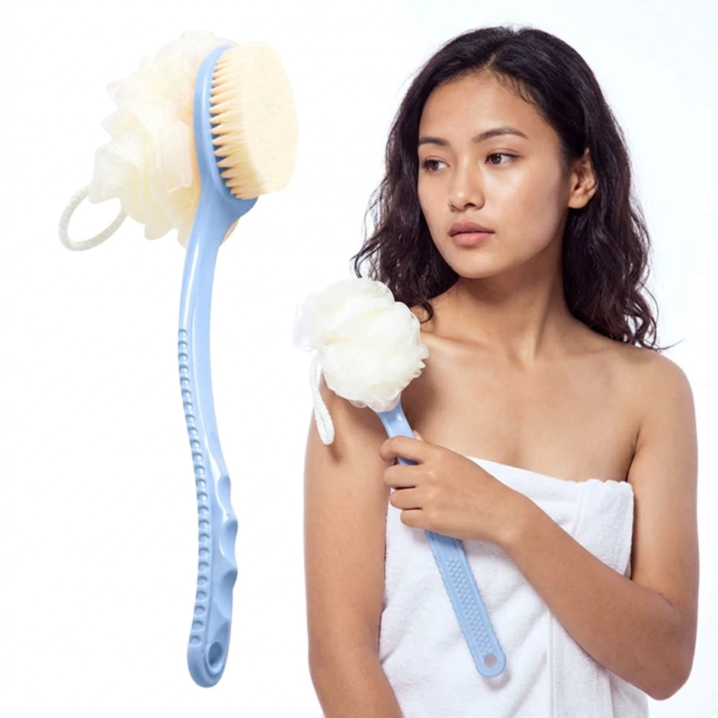 Woman holding a long-handled blue bath brush featuring a dual-sided loofah sponge and soft bristle head