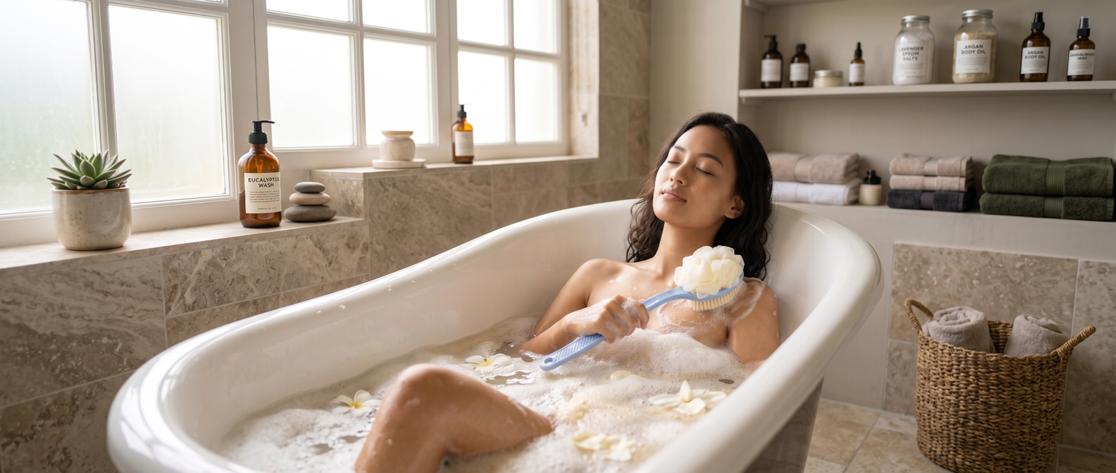 Woman relaxing in a bubble bath, holding a long-handled shower brush with her eyes closed