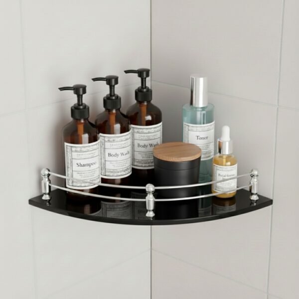 MOTIQO Black Glass Corner Wall Shelf | Multipurpose Bathroom Organizer & Kitchen Rack (9×9 Inches) Set-1