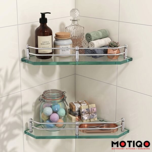 MOTIQO Diamond Glass Corner Wall Shelf | Multipurpose Bathroom Organizer & Kitchen Storage Rack | Unique Diamond Shape (9×9 Inches, Set of 2)