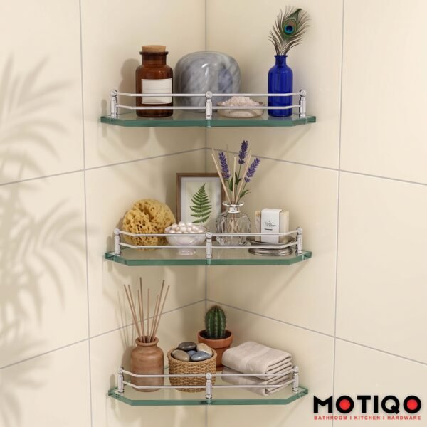 MOTIQO Diamond Glass Corner Wall Shelf | Multipurpose Bathroom Organizer & Kitchen Storage Rack | Unique Diamond Shape (9×9 Inches, Set of 3)