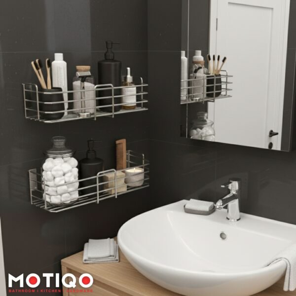 MOTIQO Premium Stainless Steel Bathroom Shelf for Wall (15x5 Inches) | Multipurpose Wall Mount Organizer Rack for Kitchen, Bathroom Accessories & Perfumes | Rust-Proof (Silver, Set of 2)