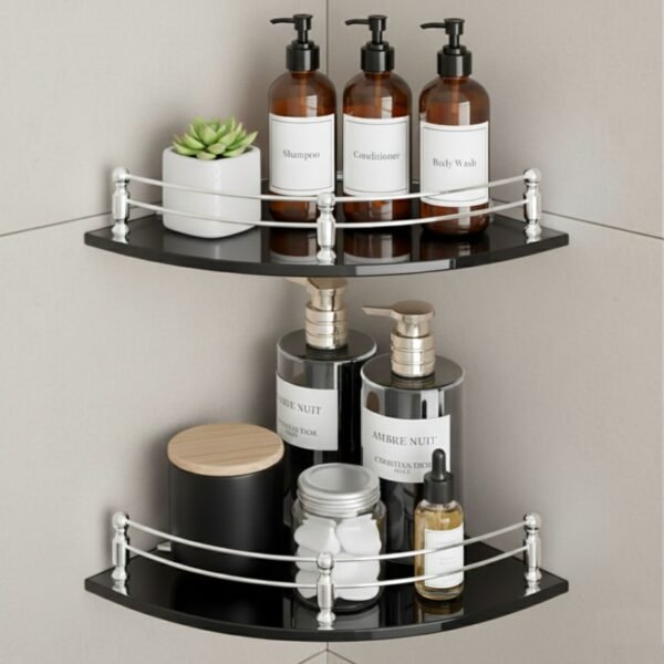 MOTIQO Black Glass Corner Wall Shelf | Multipurpose Bathroom Organizer & Kitchen Rack (9×9 Inches) Set-2