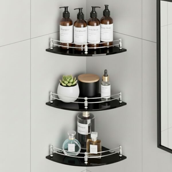 MOTIQO Black Glass Corner Wall Shelf | Multipurpose Bathroom Organizer & Kitchen Rack (9×9 Inches) Set-3