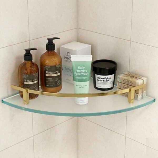 MOTIQO Frosted Glass Corner Wall Shelf | Multipurpose Bathroom Organizer & Kitchen Rack (Antique Brass, 9x9 Inches)