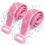Two pink silicone body back scrubbers with textured bristles and handles