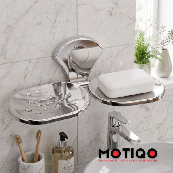 Motiqo Stainless Steel Double Soap Holder for Bathroom, Soap Dish, Soap Case, Soap Stand with Chrome Finish, Bathroom Accessories (Royal) Silver