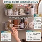 MOTIQO combo 2-shelf wire rack mounted on a wall, featuring sticker and screw installation options and included hardware