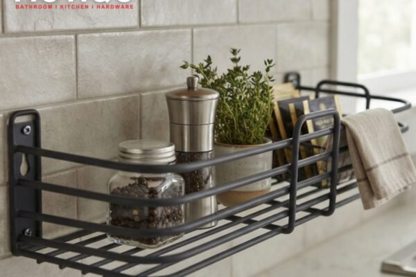 Black metal wall-mounted wire shelf holding spice jars, a small potted herb plant, and a dish towel