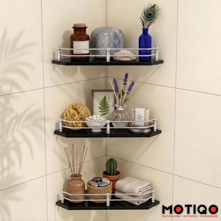 Three-tier black corner shelves with chrome guardrails mounted on a tiled bathroom wall