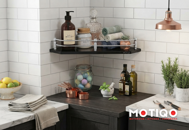 Black corner shelf with chrome railing mounted on a white tile wall, holding bottles, towels, and bath accessories