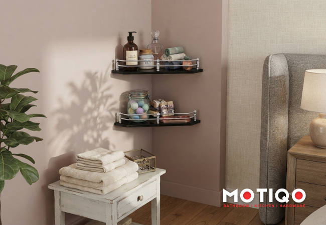 Two tier black floating corner shelves with silver railings holding bath items mounted in a room corner