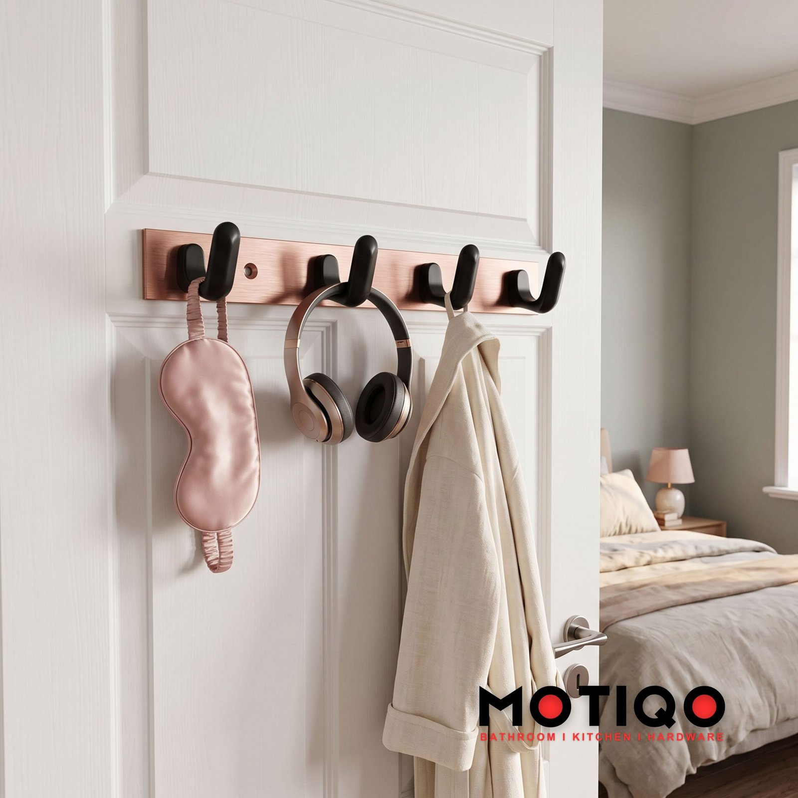1 Motiqo Premium Aluminum Wall-Mounted Hook Rail – 4 Hooks, Rose Gold - Matte Black Finish - Image 1